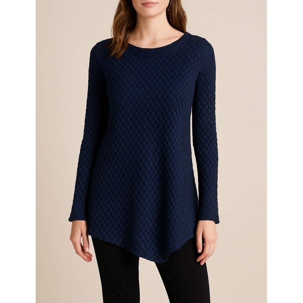Lisa Bayne Navy Textured Bubble Knit Tunic Top Asym Hem Long Sleeve L USA